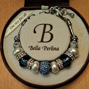 Bella Perlina Aqua Blue, White, Silver Crystals Charm Bracelet